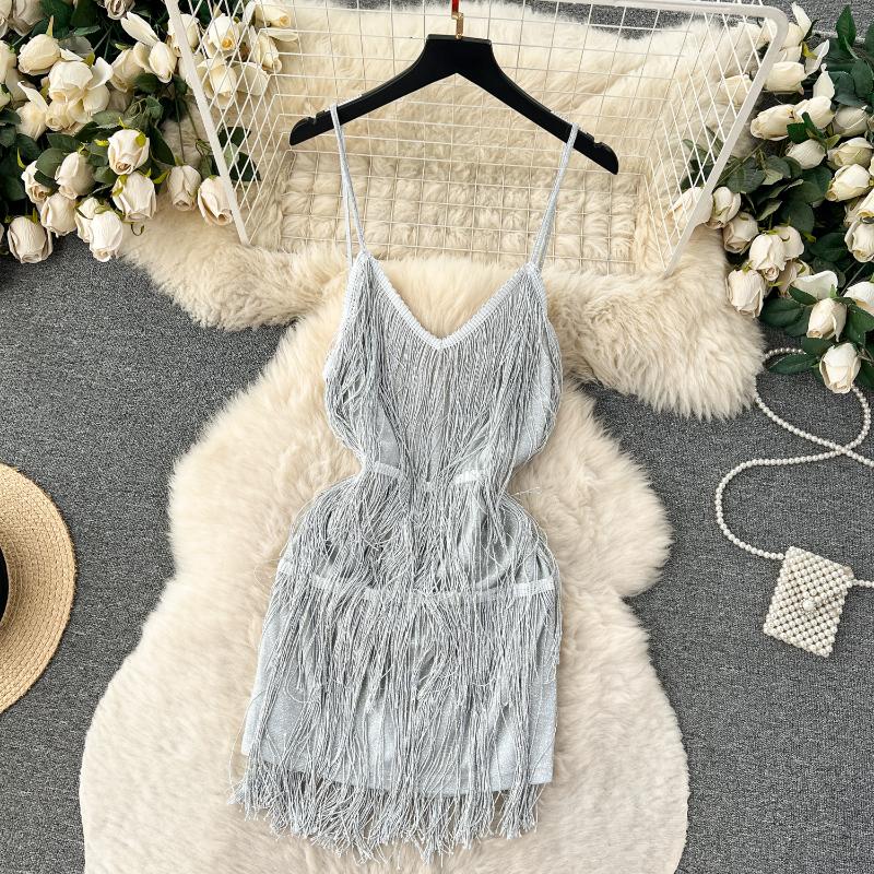 Sexy Quasten Patchwork Hohl Slip Kleid Frauen Sexy Backless Elegante Abend Party Kleider Vintage Dünne Mini Zeremonielle Kleid 2024 Neue