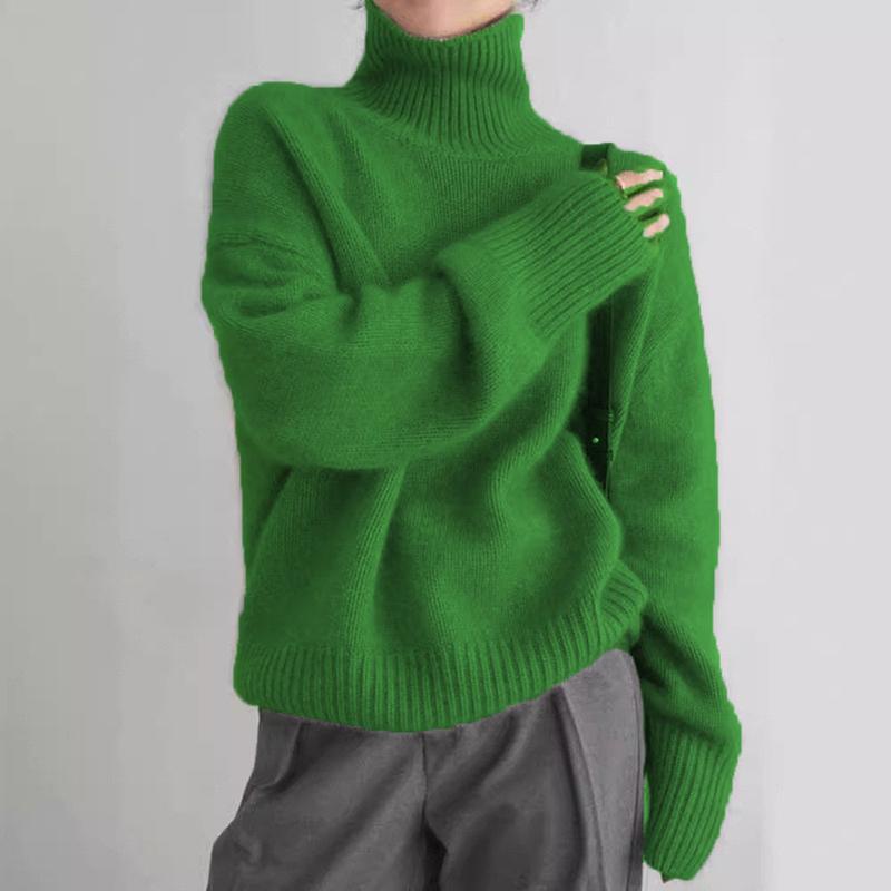 Women Autumn Winter High Collar Long Sleeve Wardrobe Staple Warm Solid Color Comfy Loose Pullovers Knitted Sweater Top