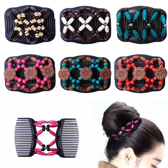 Women Vintage Wooden Beads Magic Hair Comb Hairpin Clip Double Slide Headwear