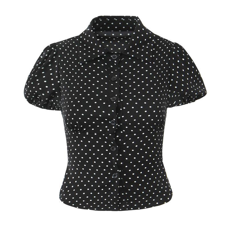 

Upper Body Super Slimming American vintage Gyaru Lapel Polka Dot Puff sleeve Waist Hugging Single Breasted Shirts All-Matching Top Black Polo Dot Shirt L