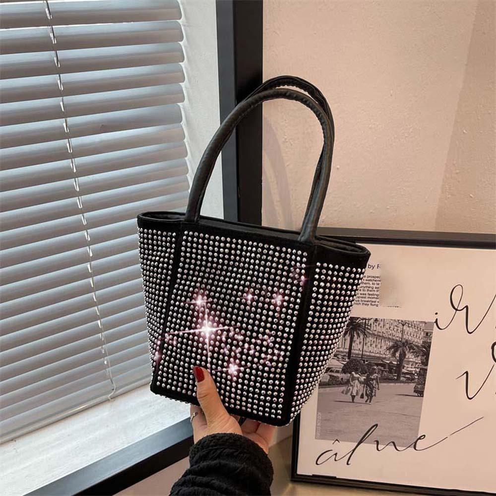 Elegant Sparkling Square Bag PU Bucket Handbag Fashion Bright Rhinestone Shoulder Bag Shopping
