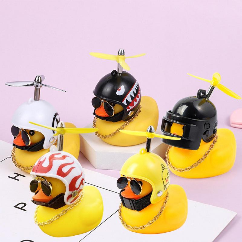 Rubber Squeeze Wind Duck Toy Motorcycle Car Ornaments Small Duck Car Dashboard Decoration with Cool Glasses Propeller Helmet
