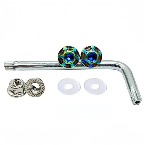 

Kuroobaa Titanium Motorcycle License Plate Bolts, Anti-Theft Screws with Hexagonal Lock Nuts, Snowflake Design, M6 x 15, Set of 2 (Rainbow Colors