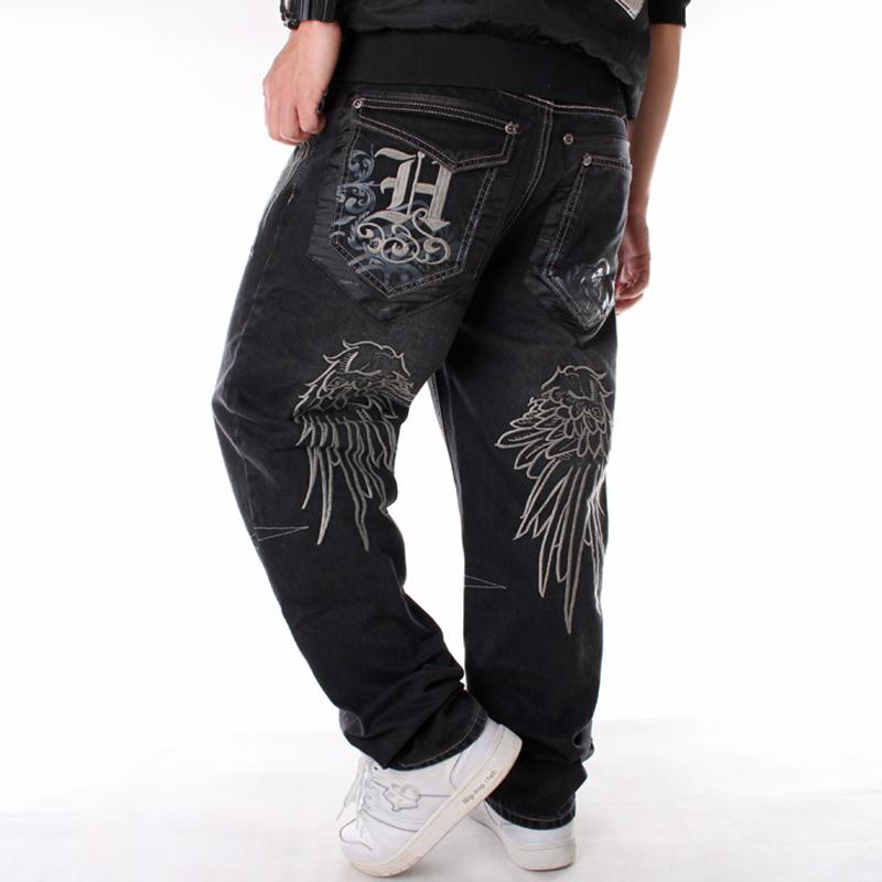 Jeans Denim Larghi Baggy Hiphop Skateboard da Uomo Ricamati Pantaloni Casual Neri Taglie Grandi 30-46 Streetwear per Ragazzi