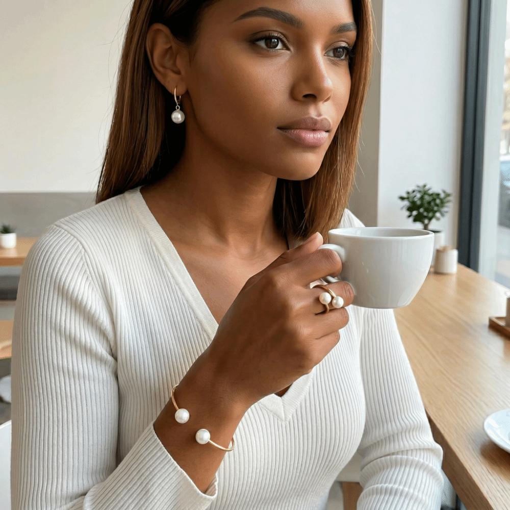 Vintage Style Imitation Pearl Earrings Ring Bangle Elegant Gold Color Jewelry Jewelry Set  Women