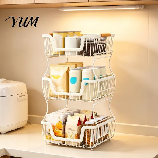 Stabiler Schreibtisch-Organizer 2/3-stöckiges Arbeitsplatten-Regal, Robuster Obstkorb-Ständer, Platzsparender Karbonstahl-Ständer für Küche, Speisekammer
