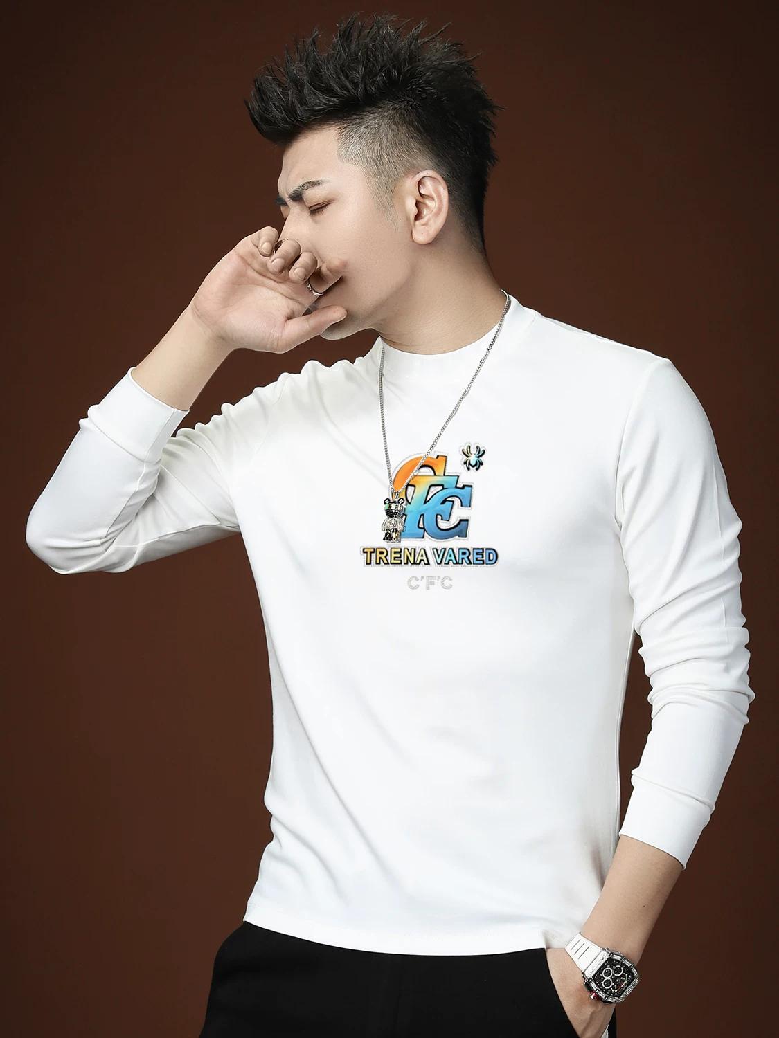 

European Station 2025 New Autumn Trendy Brand Letter Print Base Shirt Men s Half-Turtleneck Long-Sleeve T-Shirt Men s Top 3XL белый