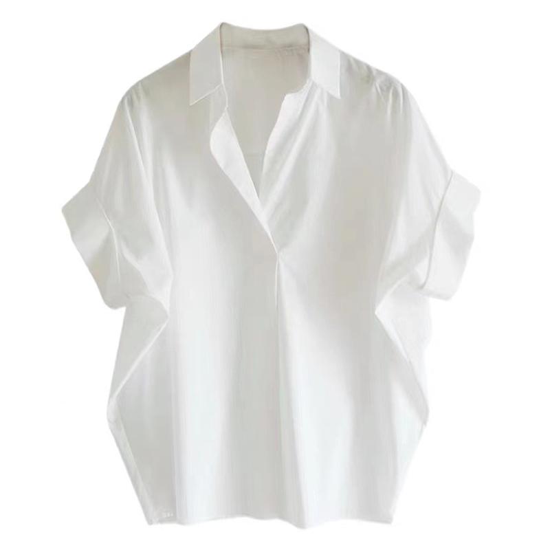 

WTEMPO летняя хлопковая белая рубашка, женские корейские свободные универсальные топы, свободные футболки с короткими рукавами «летучая мышь» и v-образным вырезом на пуговицах XXL белый