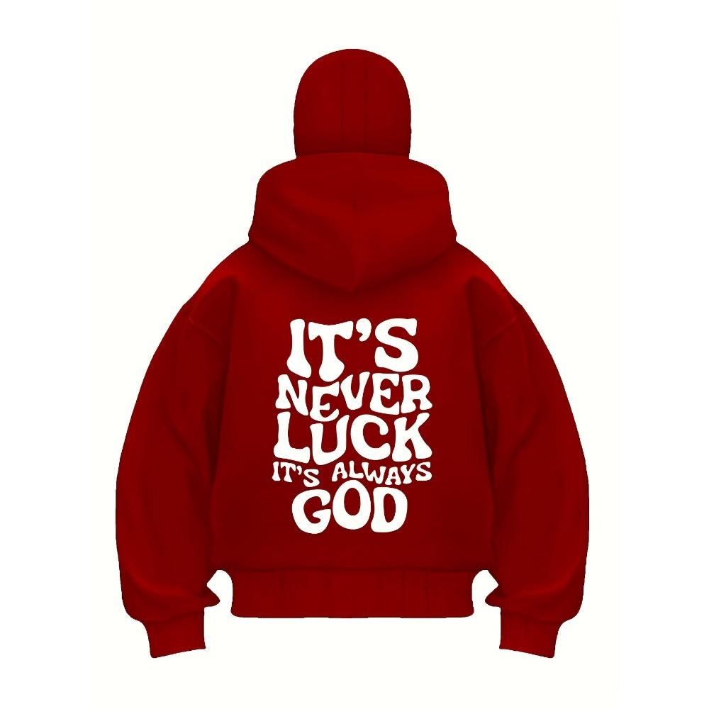 Men's Red Hooded Zipper Jacket "It's Never Luck It's Always God" Printed Jacket with Polyester Ribbed Cuffs and Hemps for Autumn and Winter