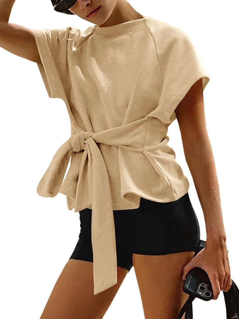 Women European Style Loose Round Neck Waist Tie Bow Short Sleeve Casual Top