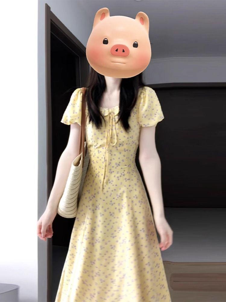 Coffee break French yellow floral dress children s summer new unique beautiful pure waist pinch dress S жёлтый
