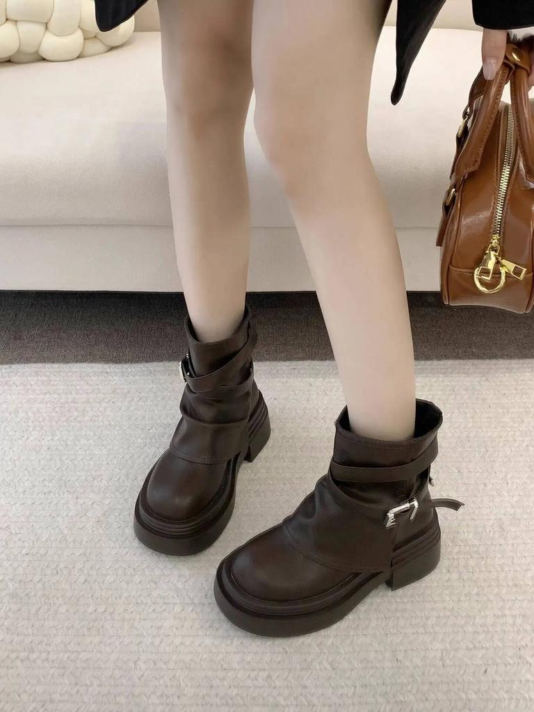 New Women'S Boots Black Short Tube Chunky Heel Ankle Boots Spring Autumn Versatile British Retro Maillard Boots