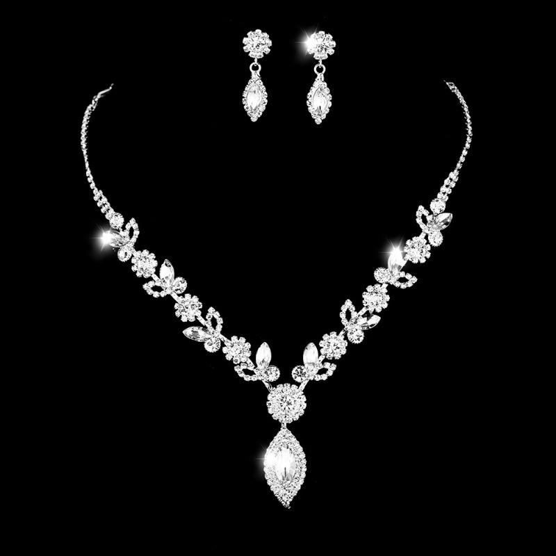 Meier Bridal white crystal floral jewelry set - elegant necklace accessories for wedding banquets