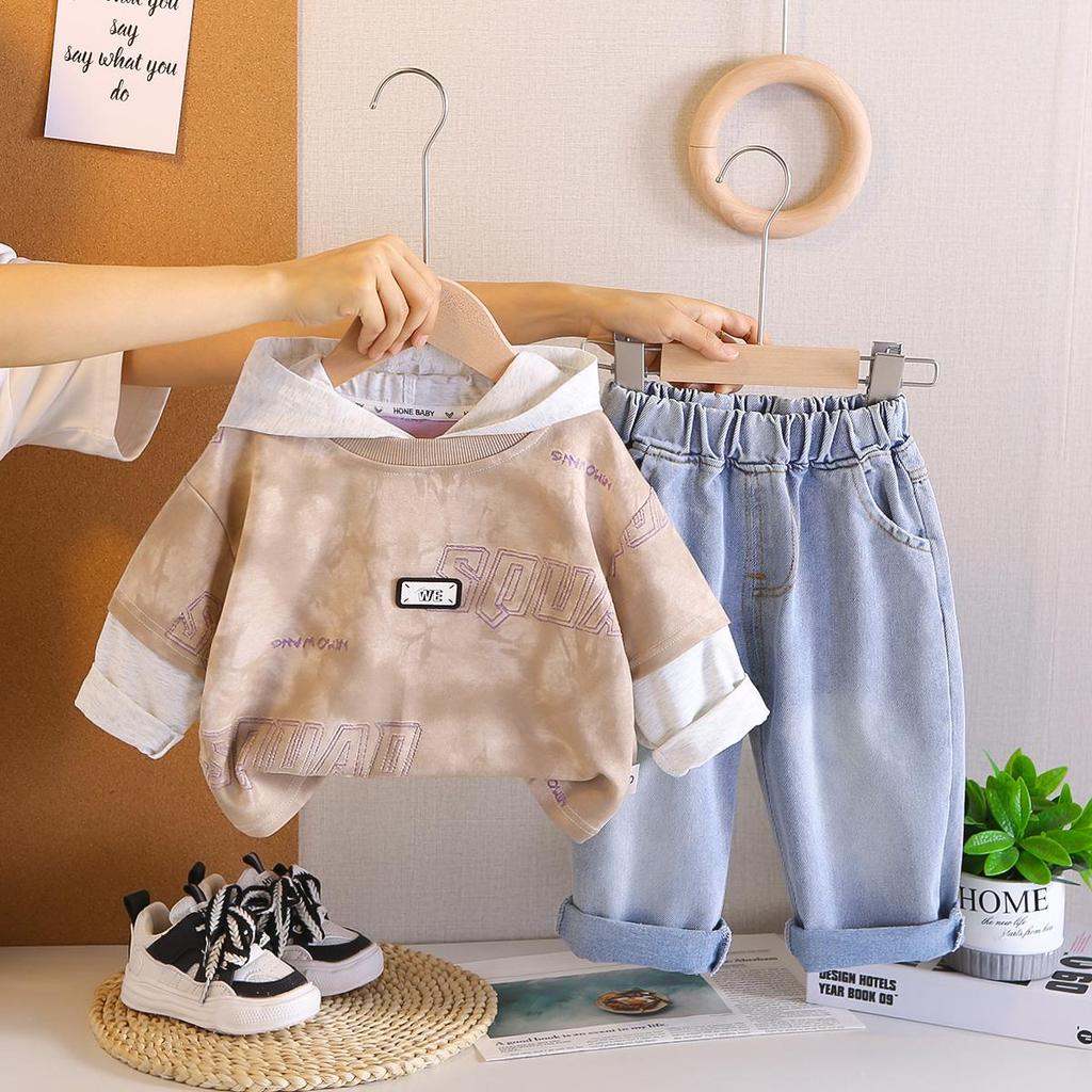 Boys' Autumn Vacation Two-piece Hoodie Set, Trendy Tie Dye Hoodie and Jeans Two-piece Set for Children Aged 0-5