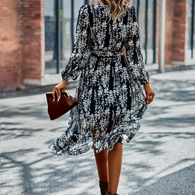 YYFS Women's Fashion Spring Fall Flower Pattern Print Long Sleeve V-Neck High Waist Casual Dresses