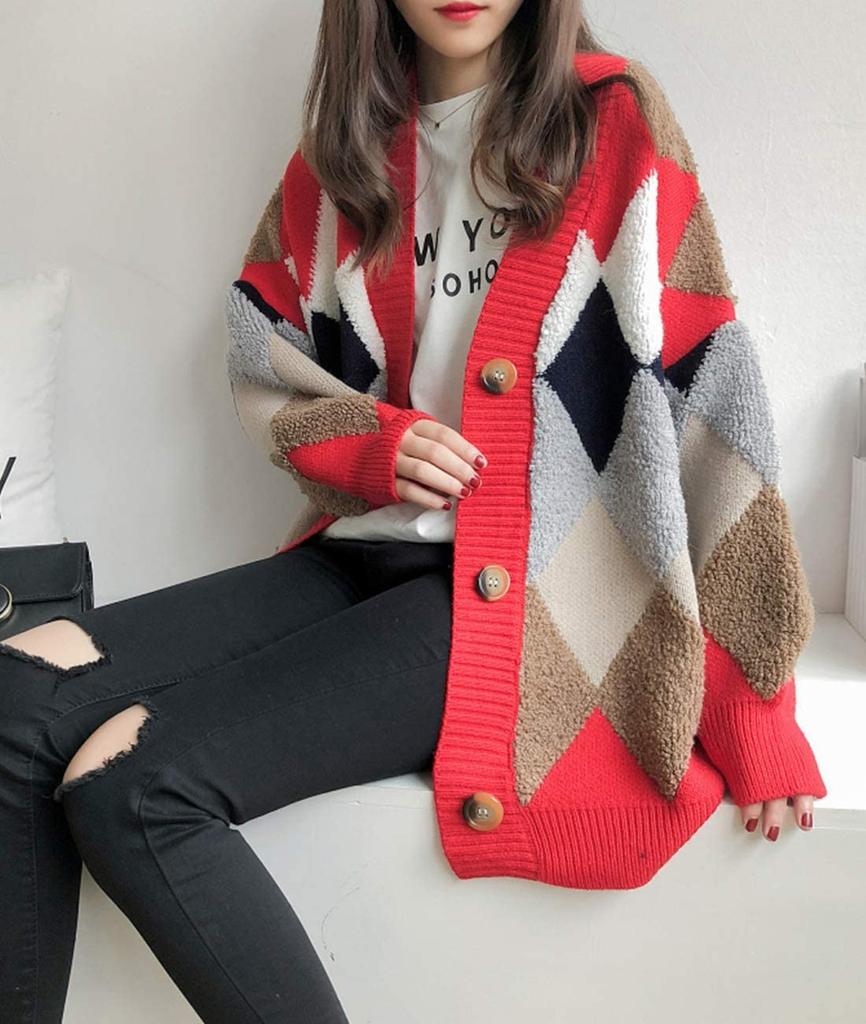 Henri Fluffy Argyle Thick Warm and One Size Fits Korean Short Long Long Sleeve Adult Down Lightweight Boa Long School Cardigan, Outerwear,