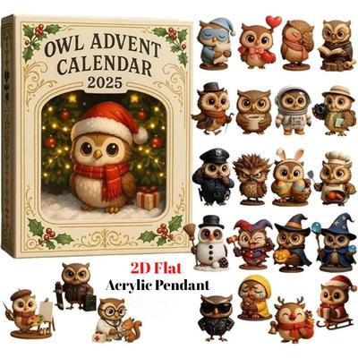 Eulen Adventskalender 2025, 24 Tage Weihnachts-Countdown mit 24 Mini-Figuren, 2D flaches Acryl-Ornament-Set zur Weihnachtsdekoration,