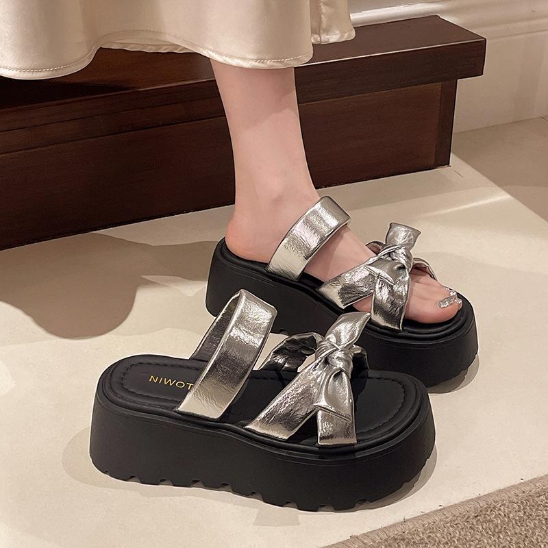 2025 Summer Women's Cool Slippers Casual Bow New Outer Wear Thick-soled Skirt One-word Drag 100 with Height Increase Drag