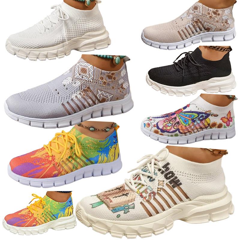 Women's Letter Print Platform Sneakers, Breathable Knit Slip on Outdoor Shoes, Comfortable Low Top Sport Shoes Plus Size 36-42