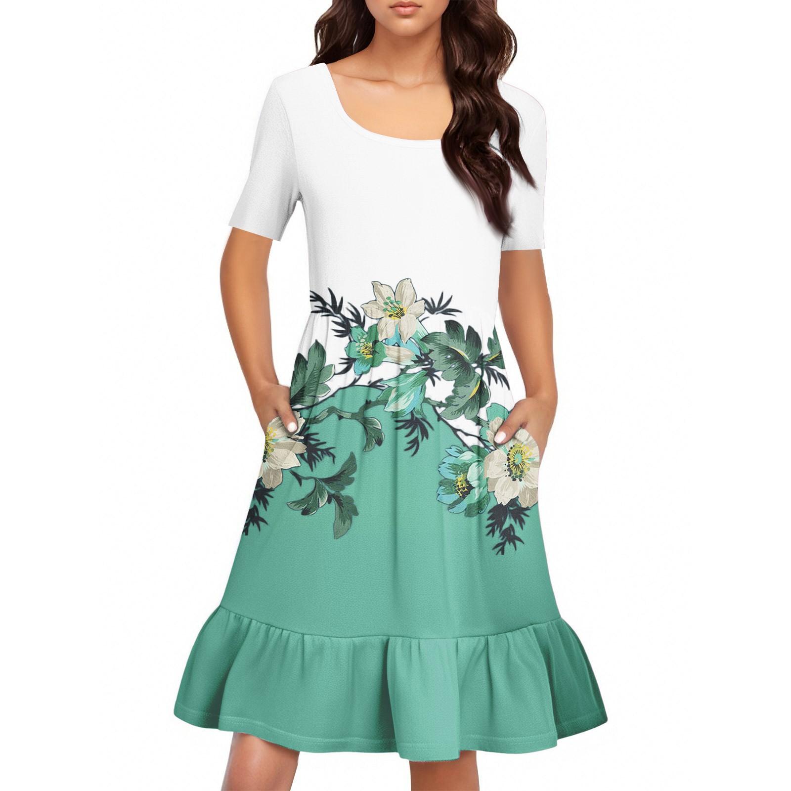 

Женское повседневное платье с круглым вырезом и короткими рукавами. Платье со свободной талией и складками. Платье с складками на талии. S