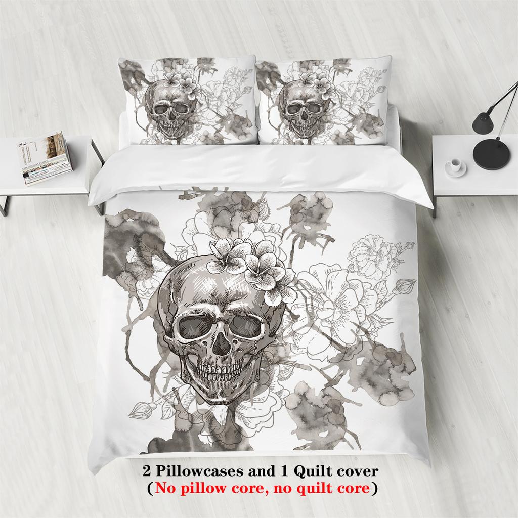 3-Piece Down Duvet Cover (1 Down Duvet Cover+2 Pillowcases No Core) Skull And Flower Head Digital Printed Bedding Soft Warm
