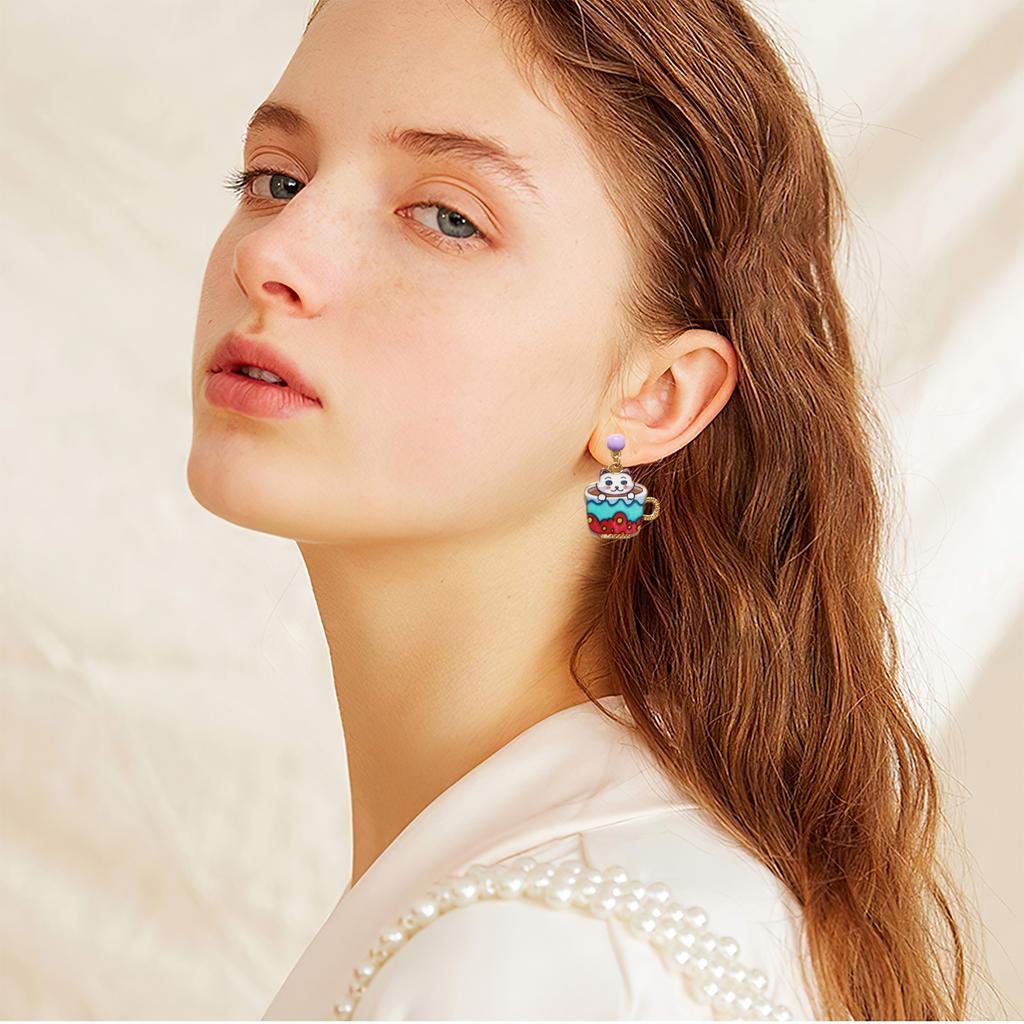 Cartoon Animal Earring For Women Cute Teacup Cat Drip Oil Dangle Earring Girls Fashionable Ear Ring Jewelry Ear Accessories