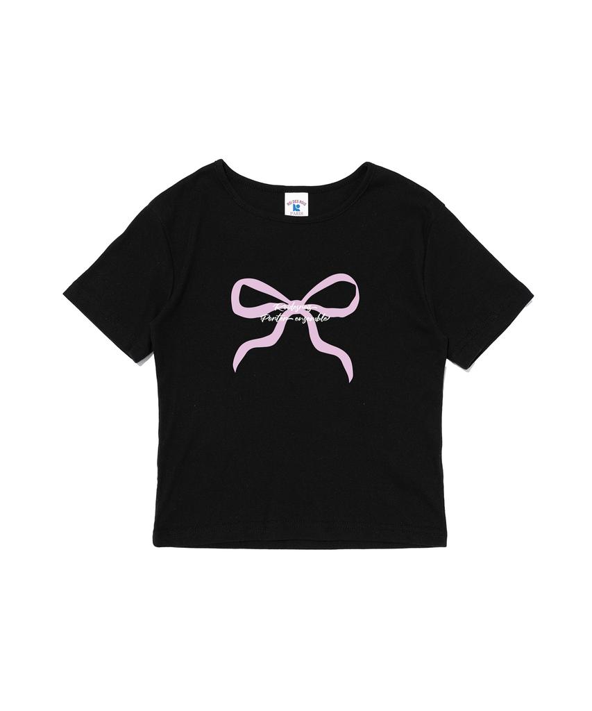 ROIDESROIS Ribbon Print Crop Short Sleeve T-Shirt (Black)