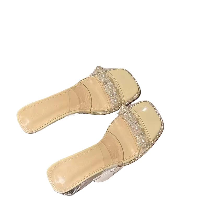 Summer Transparent Women's Slippers Square Toe Ladies Sandals Glitter Crystal Pearl Studs Sandals Comfortable Elegant Slippers