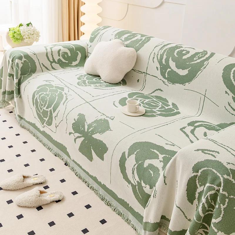Chenille Tassel Sofa Cover Dust-proof Non Slip Flower Jacquard Sofa Towel Comfortable Seat Cushion Multifunctional Cover Blanket