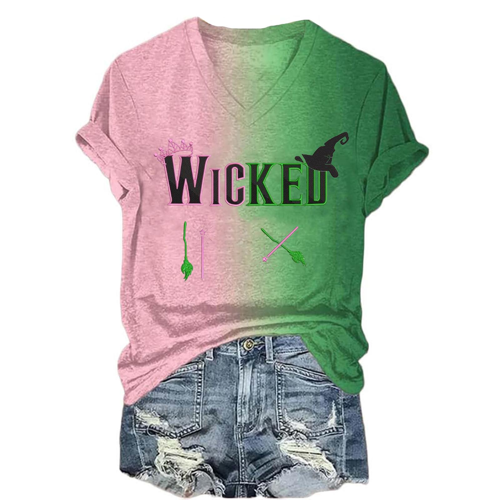 

Женская модная повседневная футболка с короткими рукавами и принтом ведьмы с V-образным вырезом XL темно-зеленого