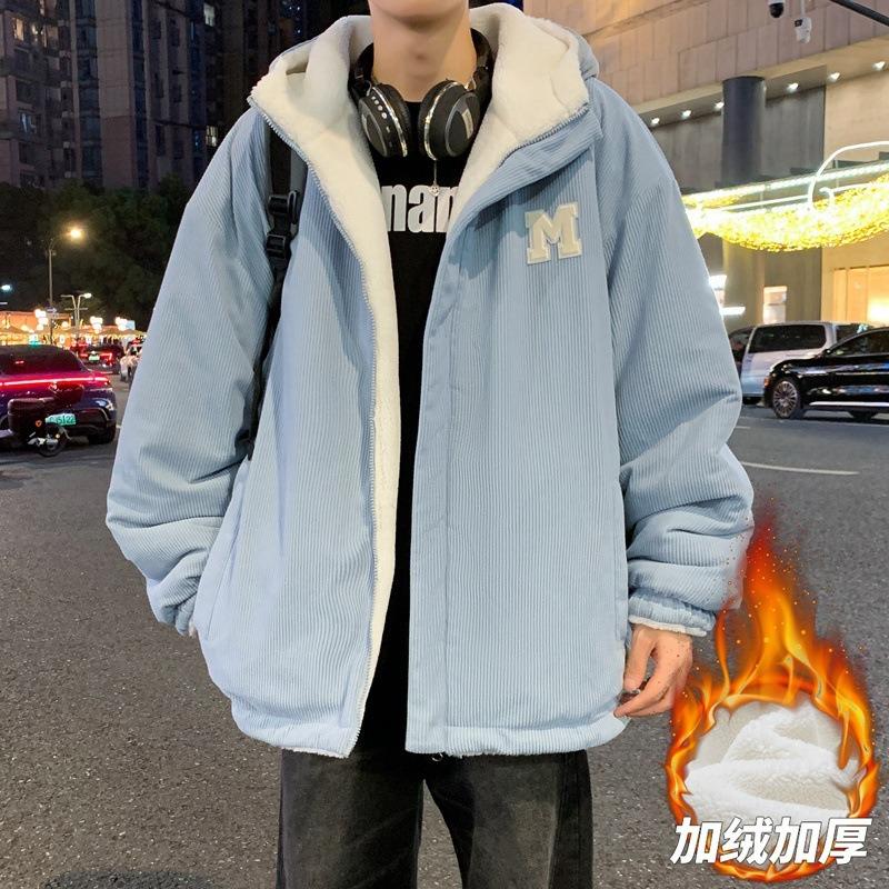 Autumn and winter double-sided coat fashion trend lamb wool jacket hooded double-sided coat green couple