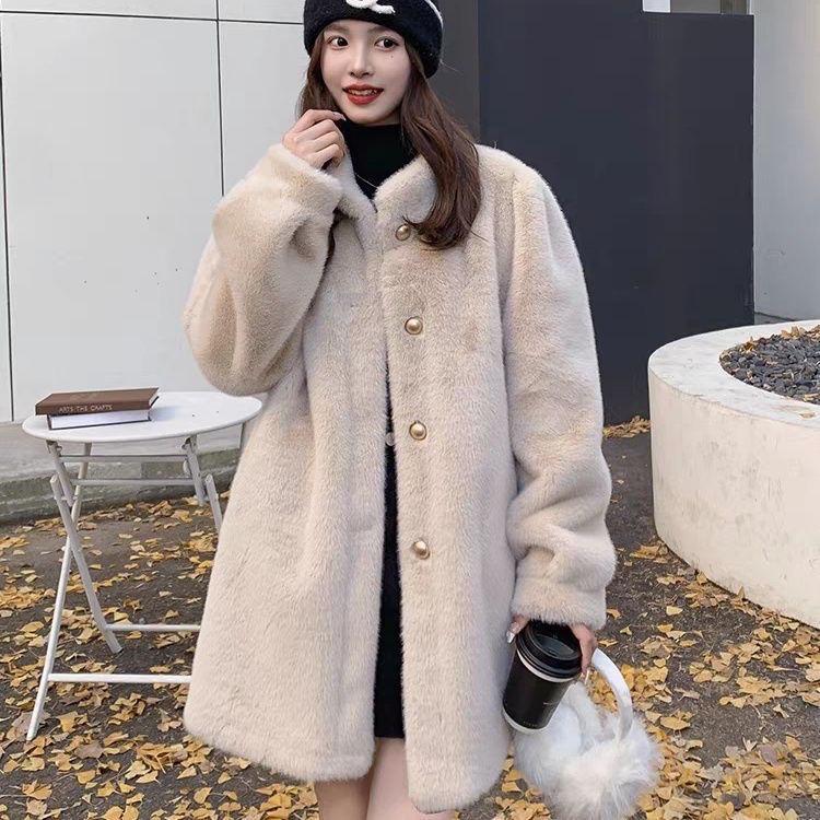 2025 Autumn/Winter Women's Mid-Length Furry Coat with Stand-up Collar - Versatile & Loose Fit