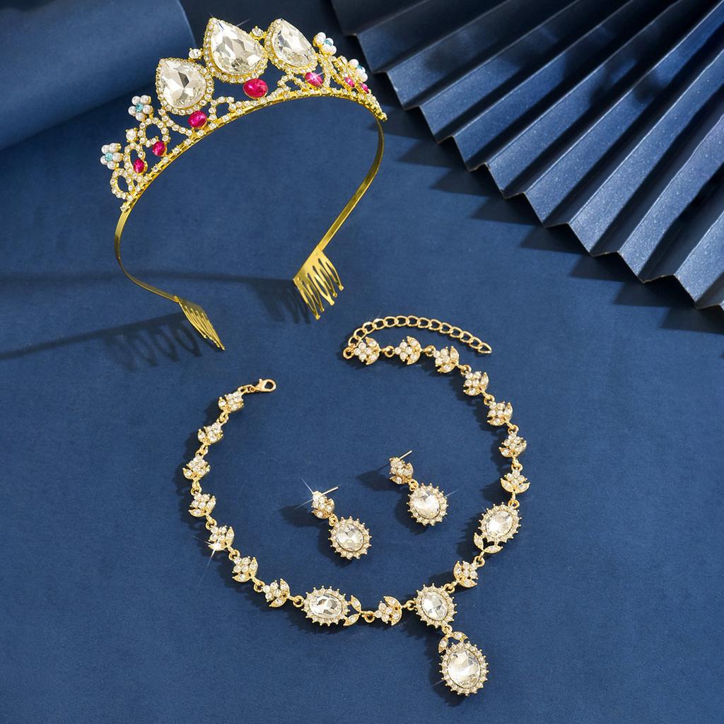 Bridal Tiara Crown Three-Piece Luxury Atmospheric Wedding Jewelry Set Premium Necklace Earrings Crown