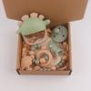 Baby Silicone Dinosaur Teether Gloves Set with Rattle and Soothing Toys, 6-Piece Infant Teething Toy Set for Newborns, Green