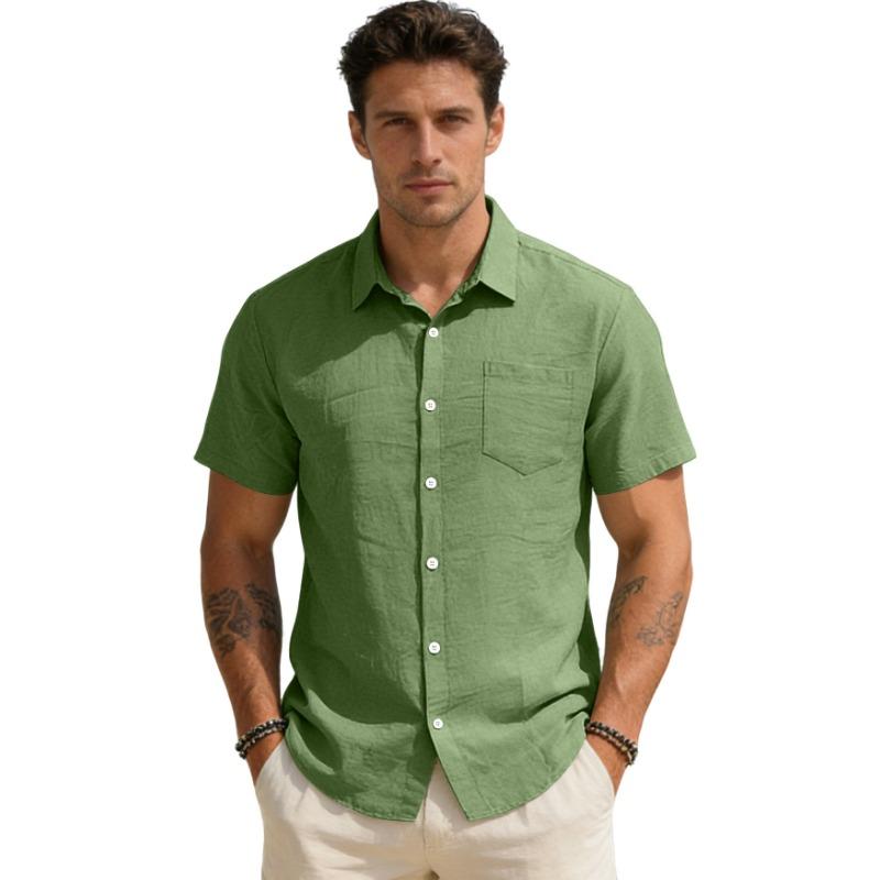 Mens Casual Solid Color Linen Blend Short Sleeve Button Up Shirt With Pocket