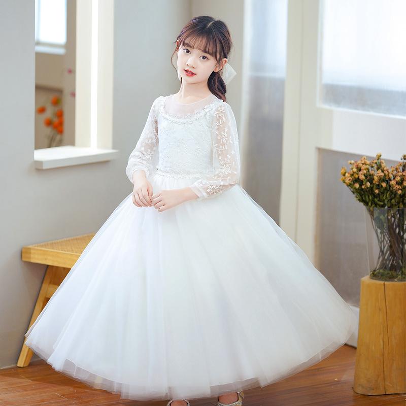 Kids Girls Long Sleeve Embroidered Tulle Puffy Formal Party Dress