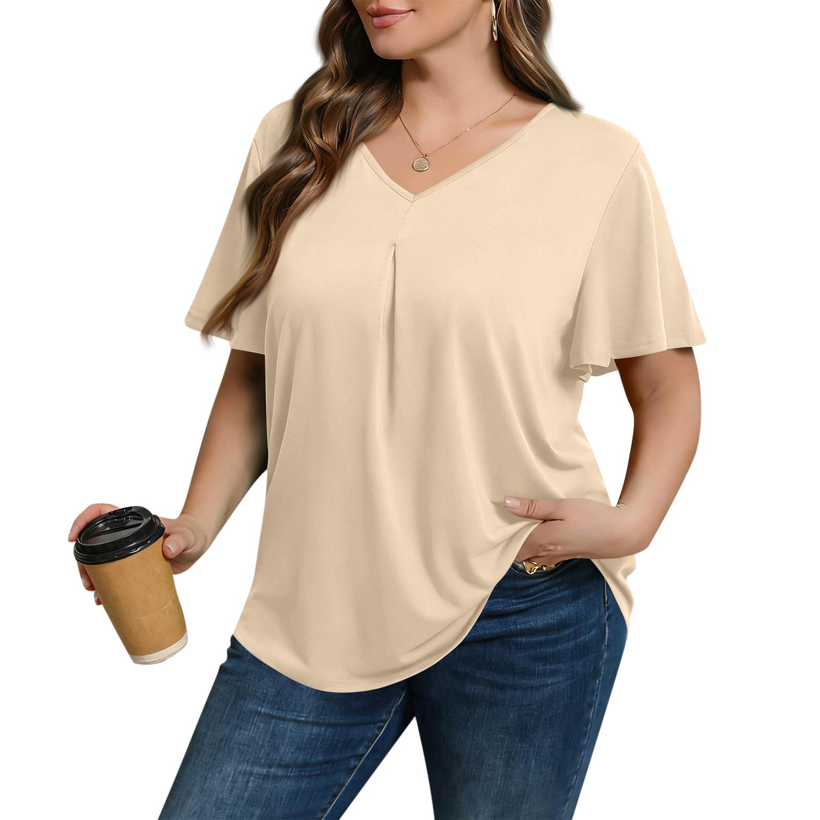 

Women s Plus Size Fashionable Casual Loose-Fit Short Sleeve Elegant V Neck Blouse For Work L бежевый