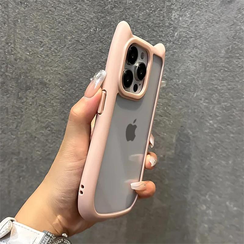 Cartoon 3D Cute Cat Ears Silicone Shockproof Phone Case For iPhone 11 12 13 14 15 16 Pro Max X XR XS Transparent Acrylic Cover