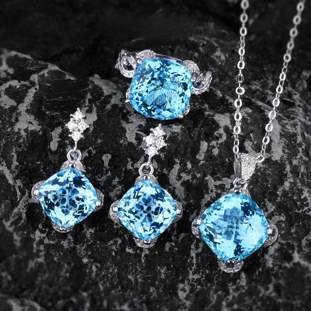 Conjunto de Joias de Diamantes Amarelos Violetas Topázio Água-Marinha 15ct Brincos Pingente Anel Fanta para Mulheres