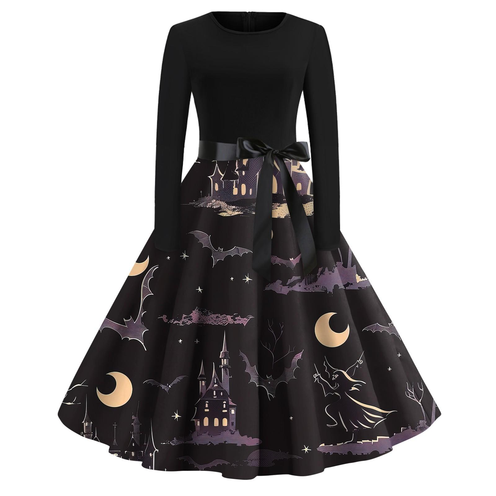 Платье-клеш с принтом на Хэллоуин для женщин с длинным рукавом — фото 5