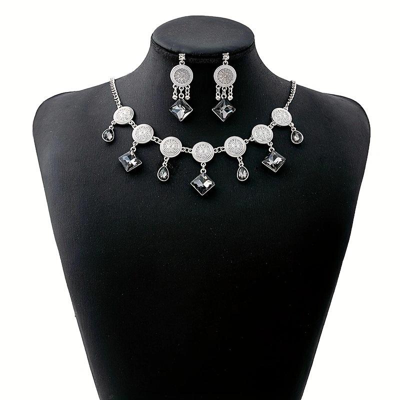 Metal necklace earrings set, retro court pearl water drop exaggerated jewelry for women