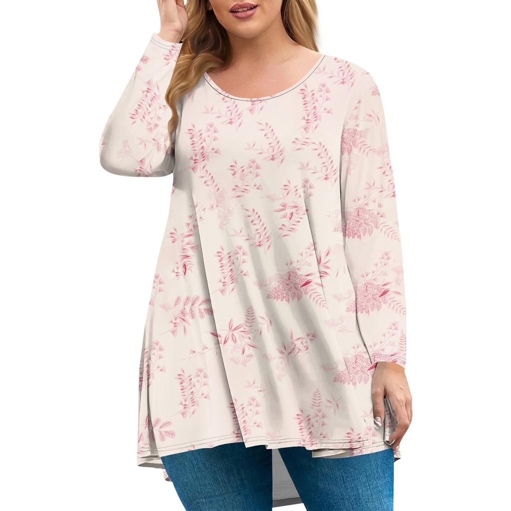 Women's plus size top, garden collar long sleeved shirt, fashionable floral print casual top