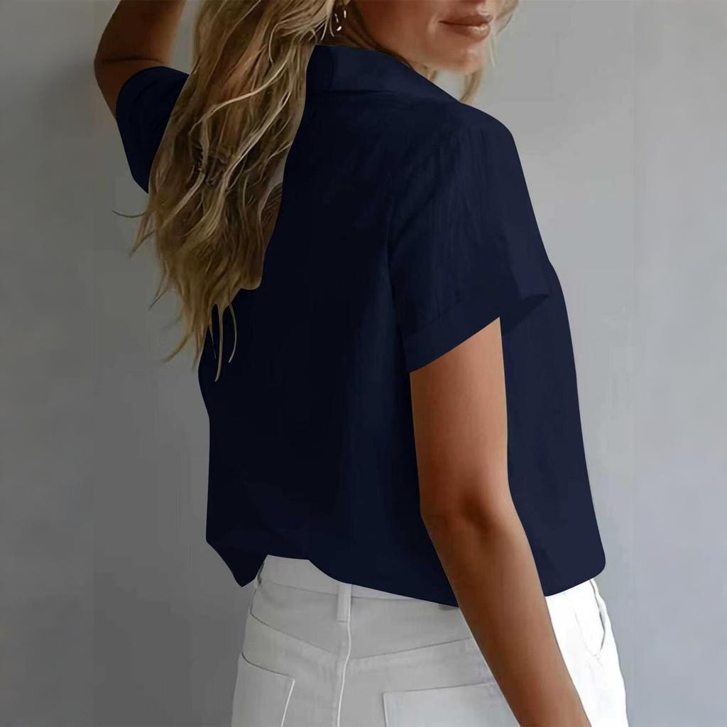 Women's Color Short Sleeve Button Down Shirt - Loose Fit Turn-Down Collar Blouse for Casual Daily Wear