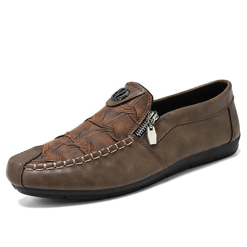 Fashion Men's Shoes Fashion Zippered Casual Leather Shoes Luxury Soft Soled Driving Shoes Designer Loafers Men Leather Half Slippers