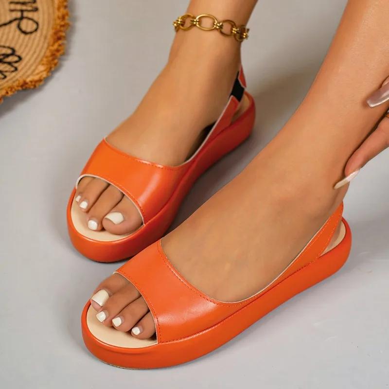 

Мода 2025 Новые летние сандалии с открытым носком в европейском и американском стиле, плоские, слипоны, противоскользящие, износостойкие, на низком каблуке, больших размеров, женская обувь 43 оранжевый
