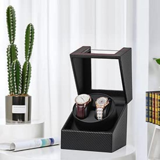 Automatic Watch Made in Mabuchi with Storage Holds Two Watches Fiber Leather Winder, Japan, Motor, Case, (Carbon 135T)