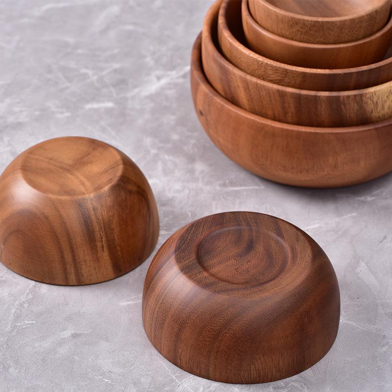 Fine Natural Hand-Made Wooden Salad Bowl Classic Round Acacia Wood Salad Dining Bowl Plates Premium Wood Kitchen Utensils