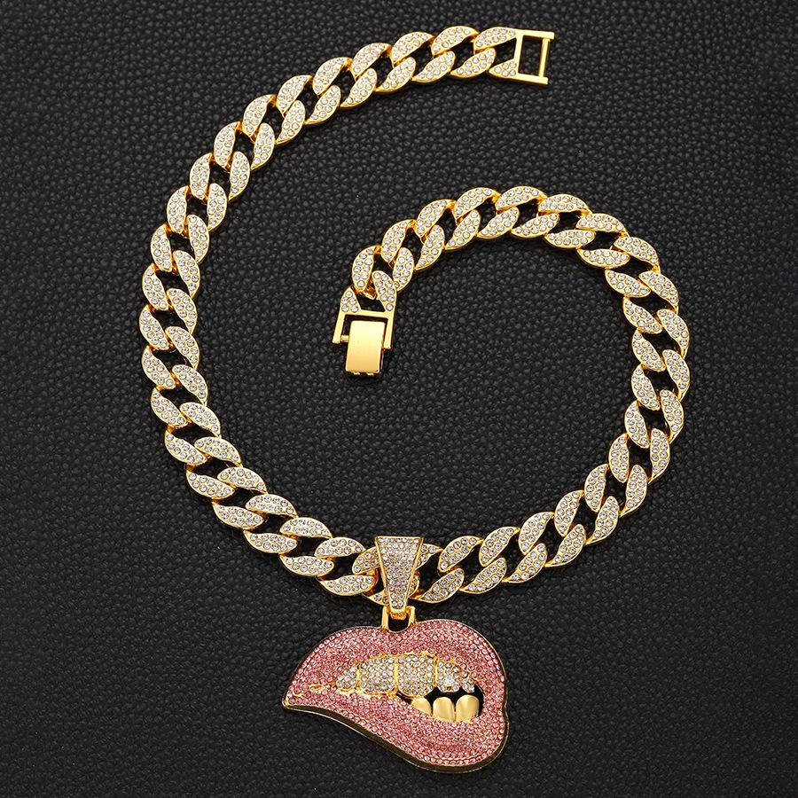 Colorful Diamond Lip Bite Pendant Hip Hop Cuban Chain Necklace