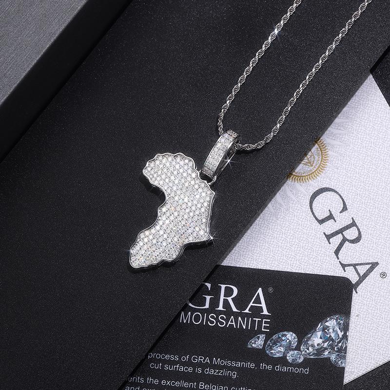 Moissanite Pendant Africa Map Shape S925 Silver 18K Gold Plated Hip Hop Jewelry Necklace Unisex for Party Streetwear Looks
