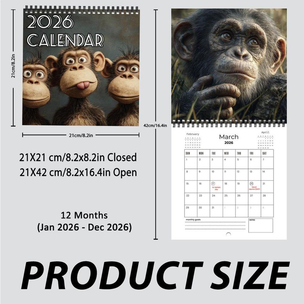 2026 Cartoon Monkey Calendar Funny 12 Month Planner Double-sided Monthly/weekly View Daily Inspirational Quotes Calendar